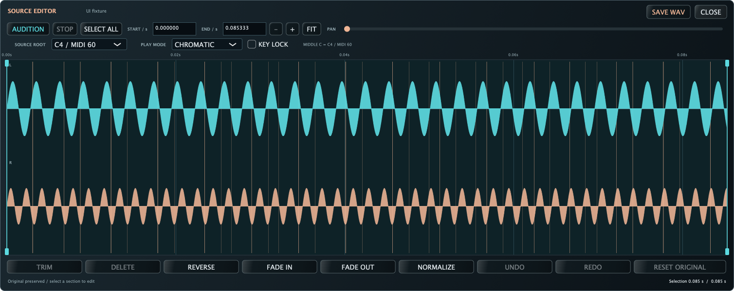 ANUX 0.4.3 source editor showing stereo waveform selection, SOURCE ROOT, CHROMATIC mode, audition and editing controls
