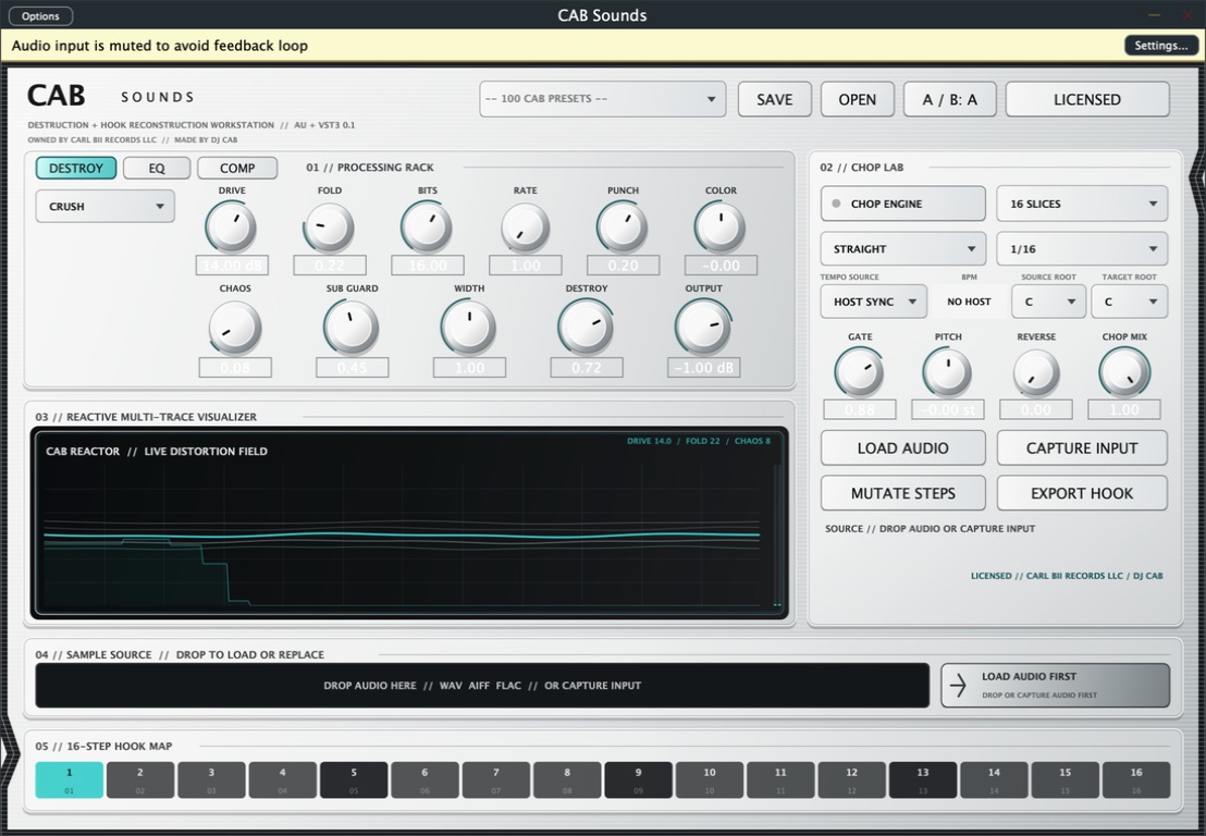 The working CAB Sounds plug-in interface showing its destruction rack, chop lab, central reactive visualizer, audio drop zone, and sixteen-step hook map