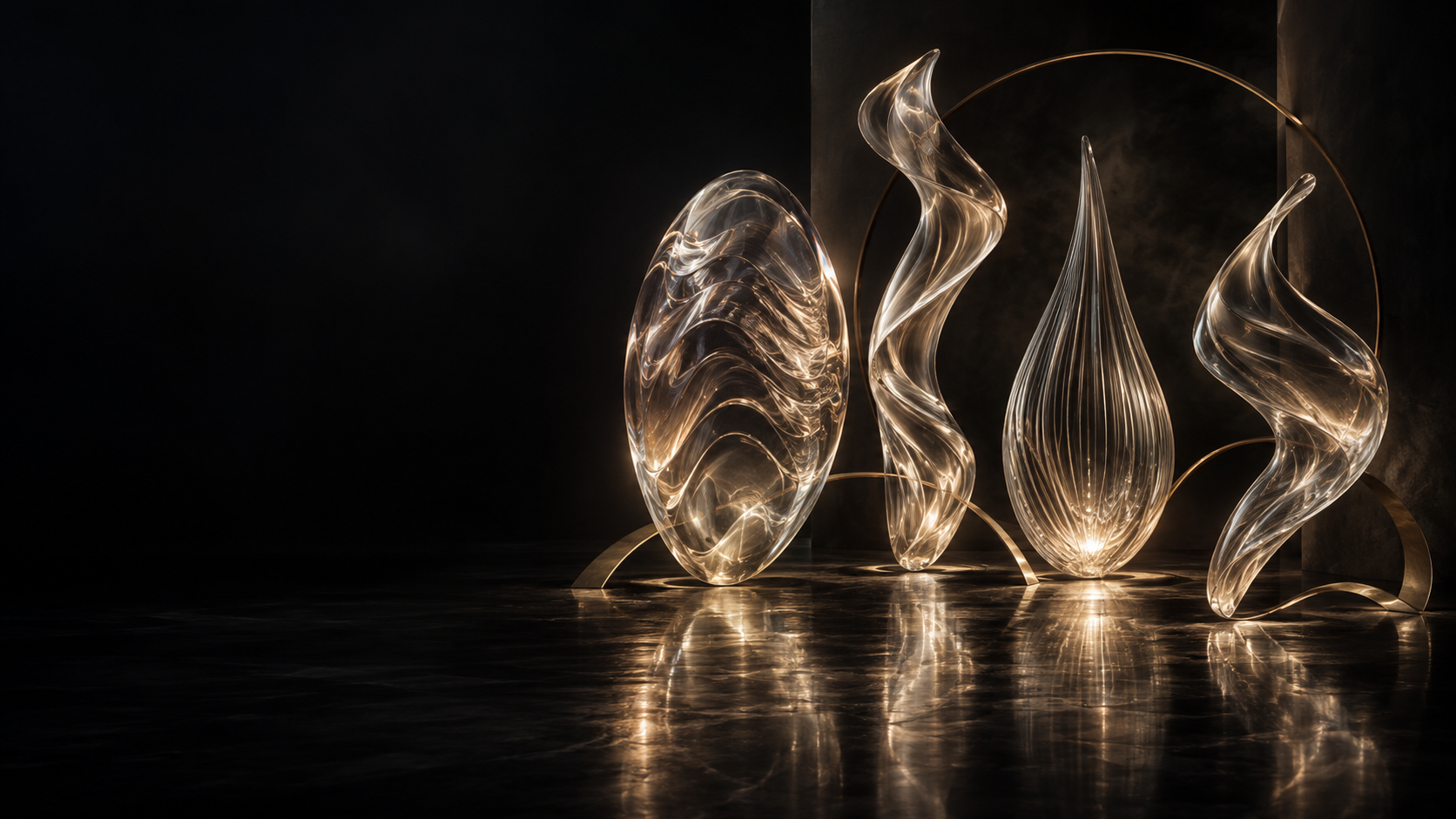 CAB campaign artwork: four ethereal glass sound sculptures suspended in champagne metal.