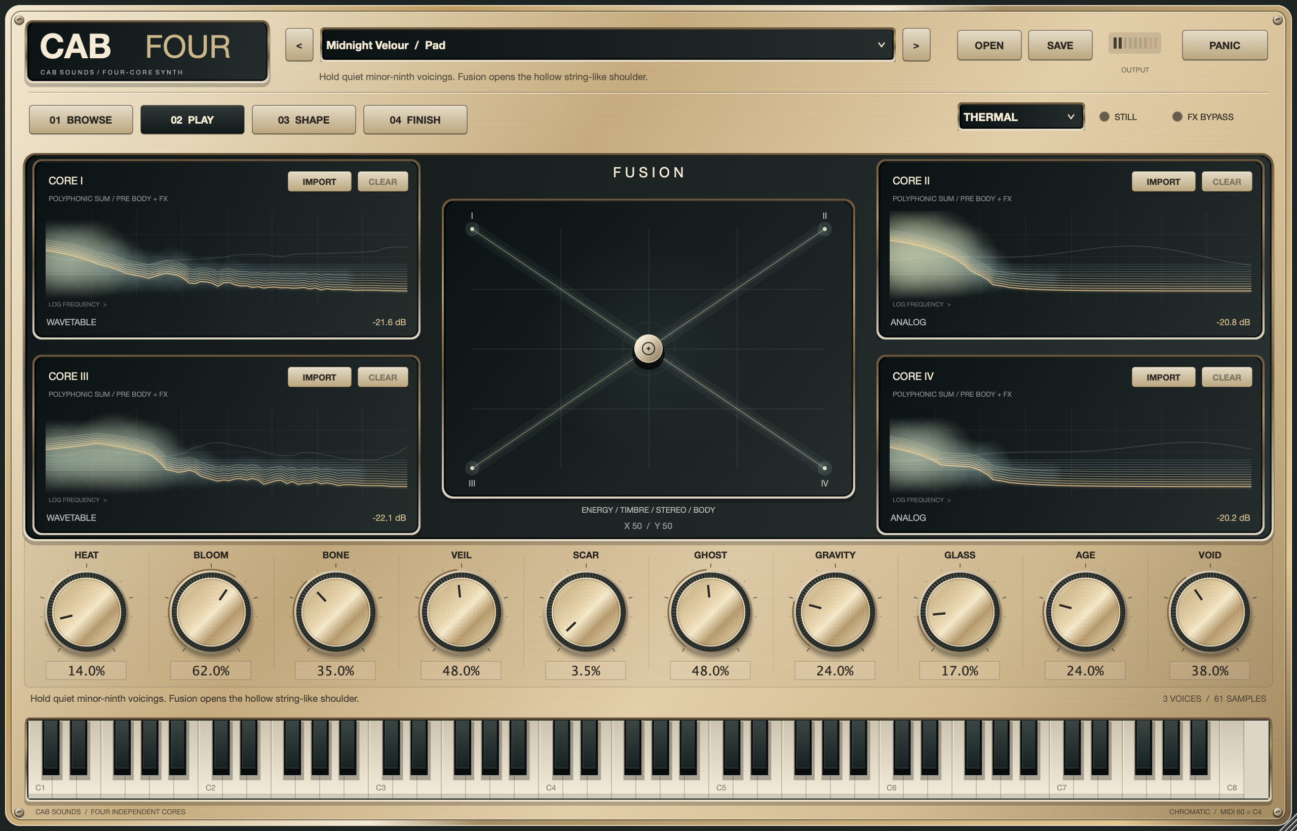 The actual CAB FOUR native instrument: four live audio displays, performance controls and keyboard.